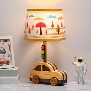 NEW! Kids' Dimmable Handmade Table Lamp Natural Wood Car Stoplight 15"Tall